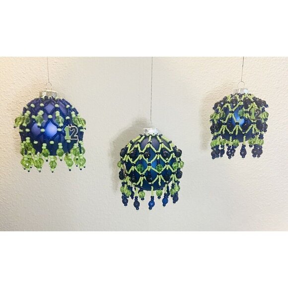 3 Seahawks Christmas Ornaments Bulbs Balls Beaded Net Beads Cover Fan #12 - Picture 1 of 12